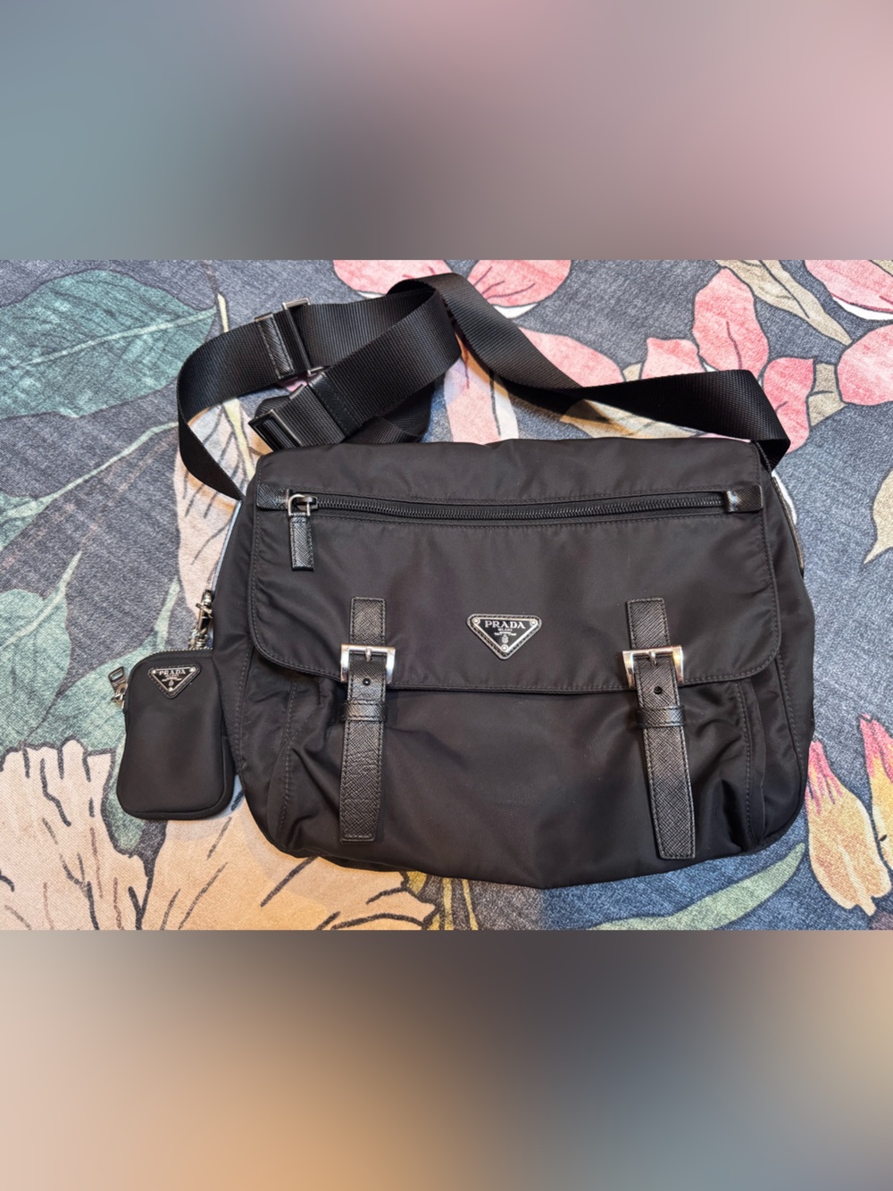 Prada Black Nylon Messenger Bag with Detachable Pouch